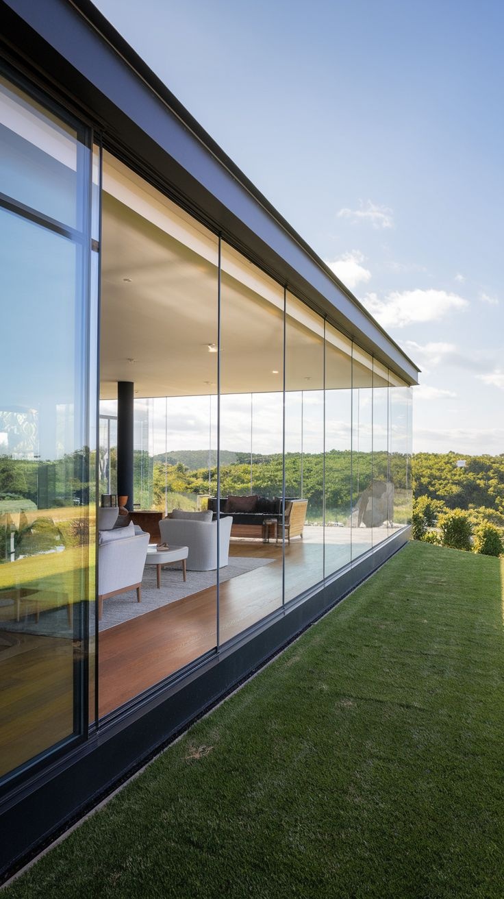 Projeto completo com grandes painéis de vidro em residência contemporânea